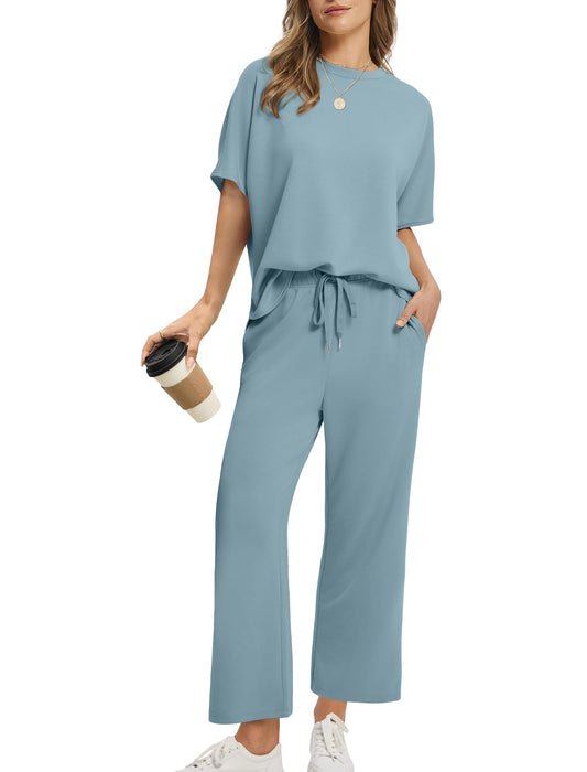 ⏰Hot Sale-Women Oversized Tshirt and Wide Leg Crop Pants 2 Piece Sets