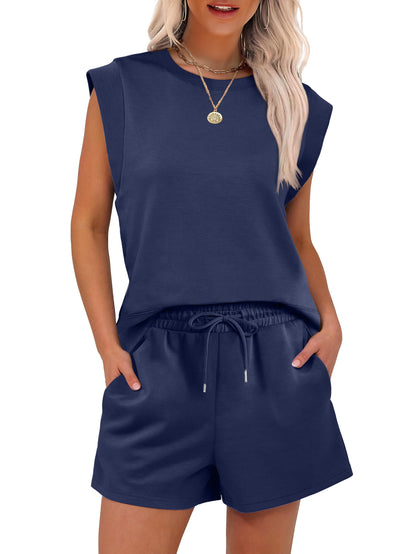 New Women's Cap Sleeve Crewneck Tops and Drawstring Short Outfits Two Piece Sets