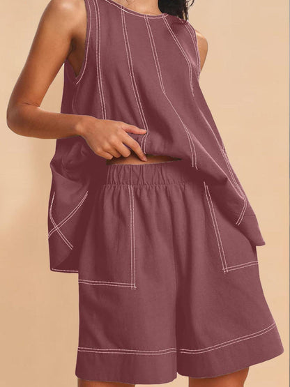Women's Contrast Stitch 2-Piece Outfit, Sleeveless Tank Top & High Waist Shorts Set