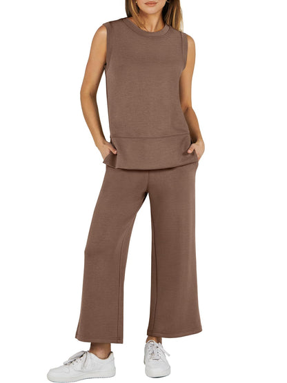 Women's Sleeveless Slit Hem Wide Leg Suit Casual Two Piece Set(Buy 2 Free Shipping)