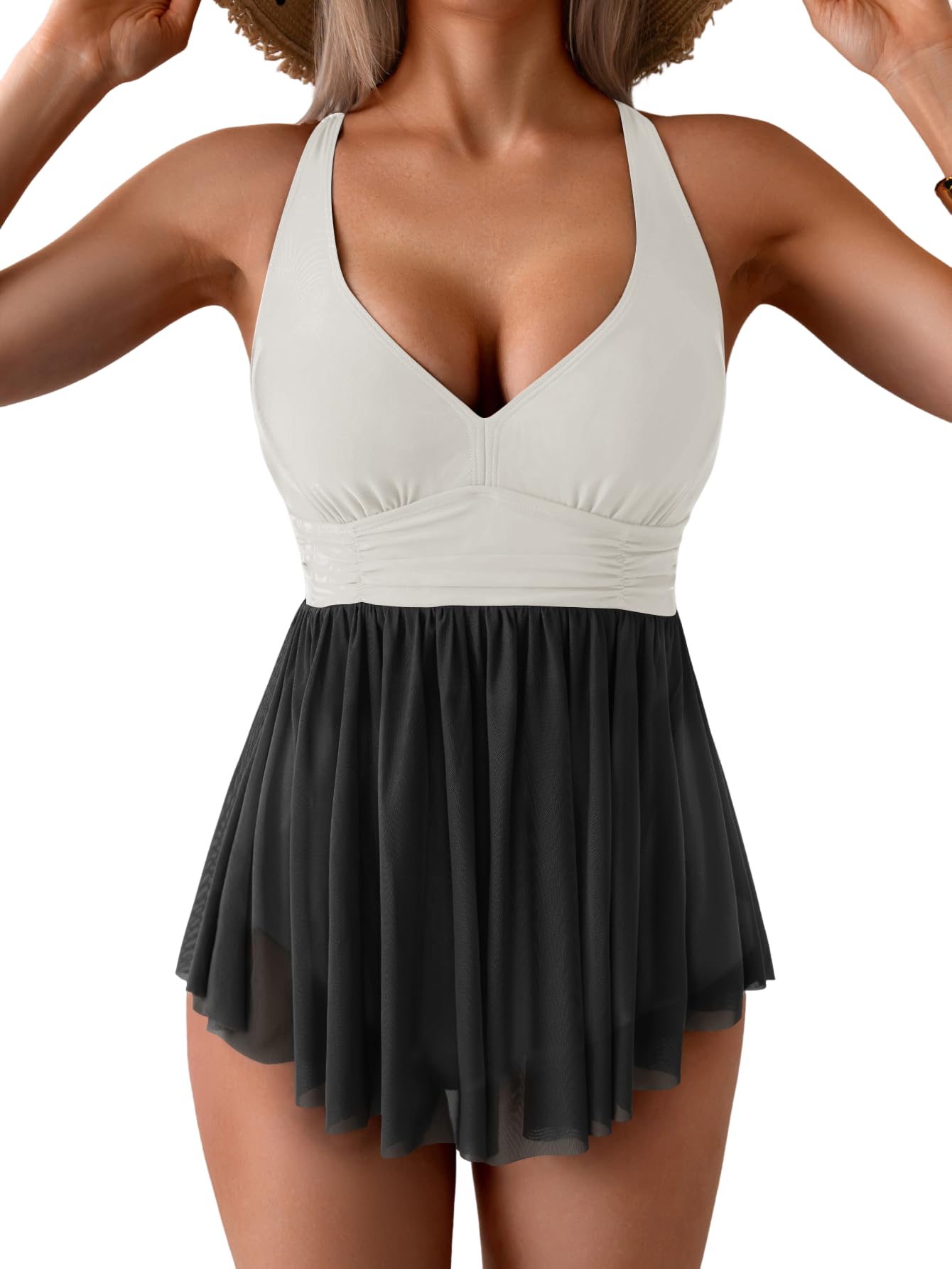 Women's One Piece Swim Dress Swimsuit Tummy Control Mesh Swimdress