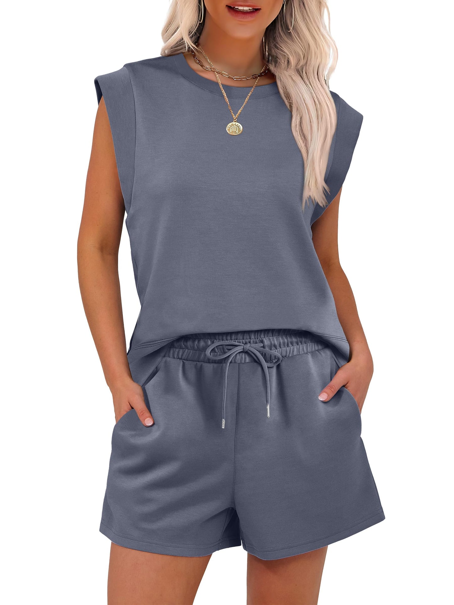 New Women's Cap Sleeve Crewneck Tops and Drawstring Short Outfits Two Piece Sets