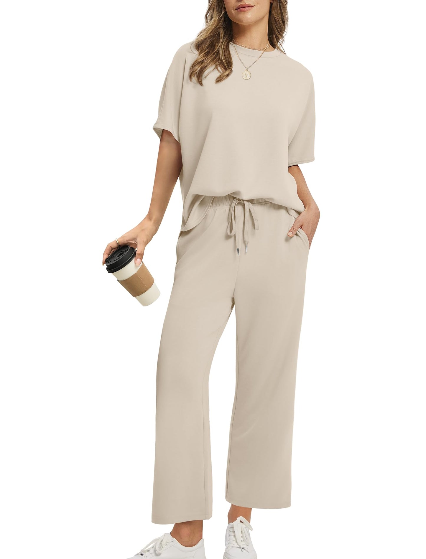 ⏰Hot Sale-Women Oversized Tshirt and Wide Leg Crop Pants 2 Piece Sets