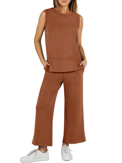Women's Sleeveless Slit Hem Wide Leg Suit Casual Two Piece Set(Buy 2 Free Shipping)