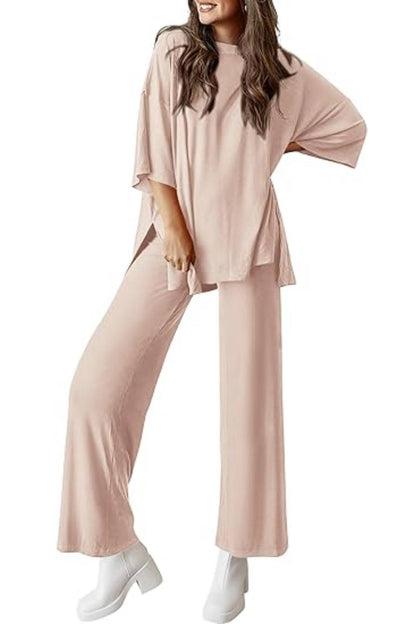 Women's 2 Piece Outfits Casual Short Tops and Wide Leg Pants Lounge Sets