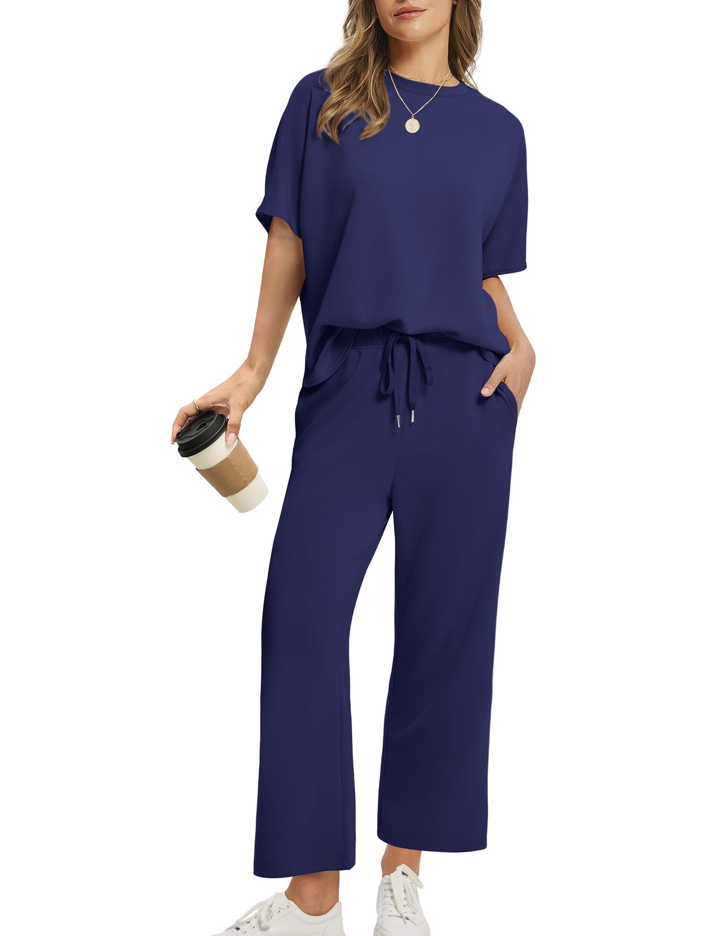 Loose Short Sleeve Top & High Waist Wide Leg Pants 2-Piece Summer Matching Set