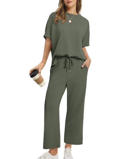 Loose Short Sleeve Top & High Waist Wide Leg Pants 2-Piece Summer Matching Set