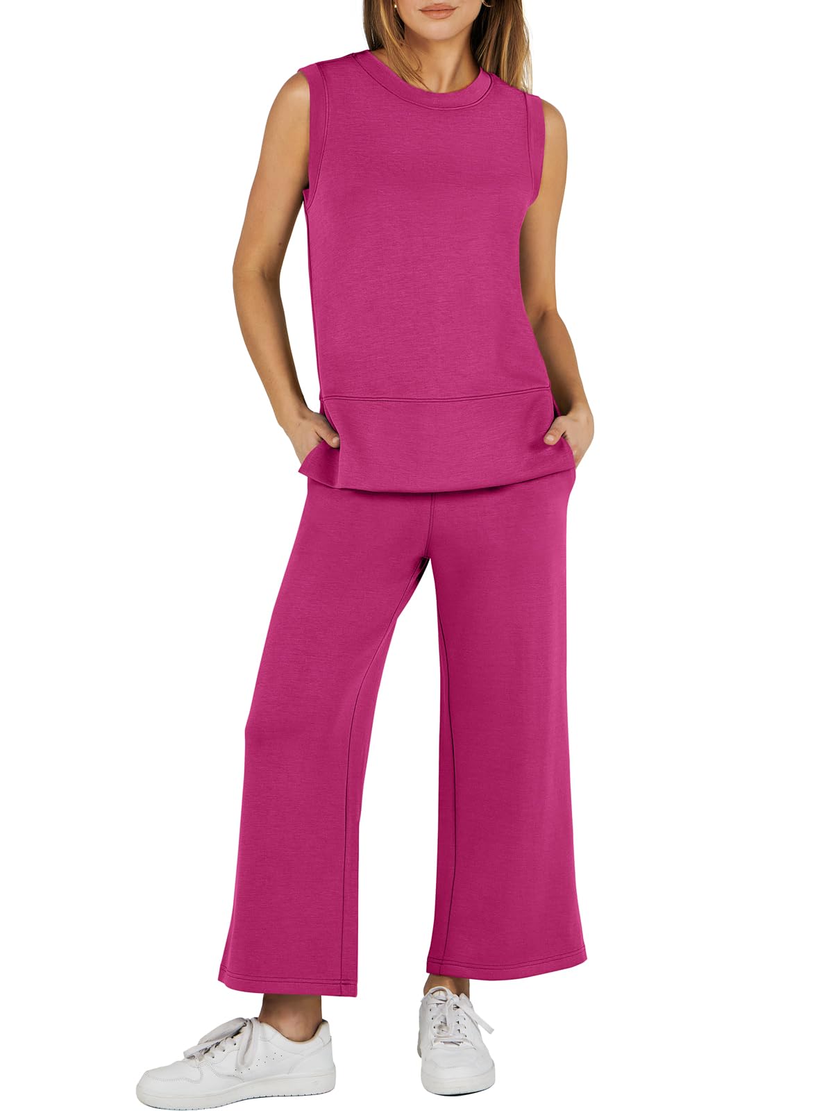 2024 SUMMER NEW Women's Sleeveless Slit Hem Wide Leg Suit Casual Two Piece Set