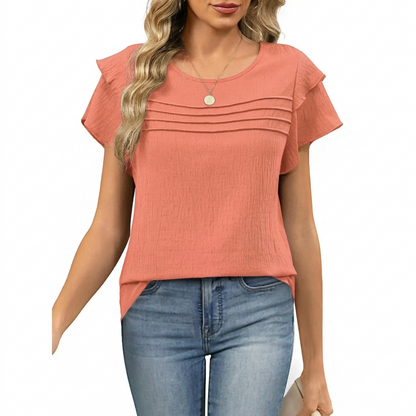 Women's Summer Ruffle Short Sleeve Crew Neck Pleated Front Tops
