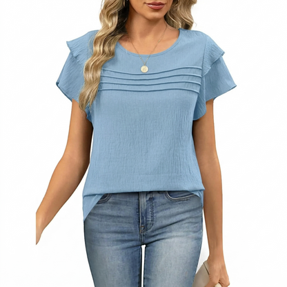 Women's Summer Ruffle Short Sleeve Crew Neck Pleated Front Tops