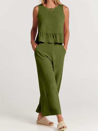 Limited time sale🔥Women 2 Piece Outfits Tank Crop Top Wide Leg Pants Lounge Matching Sets