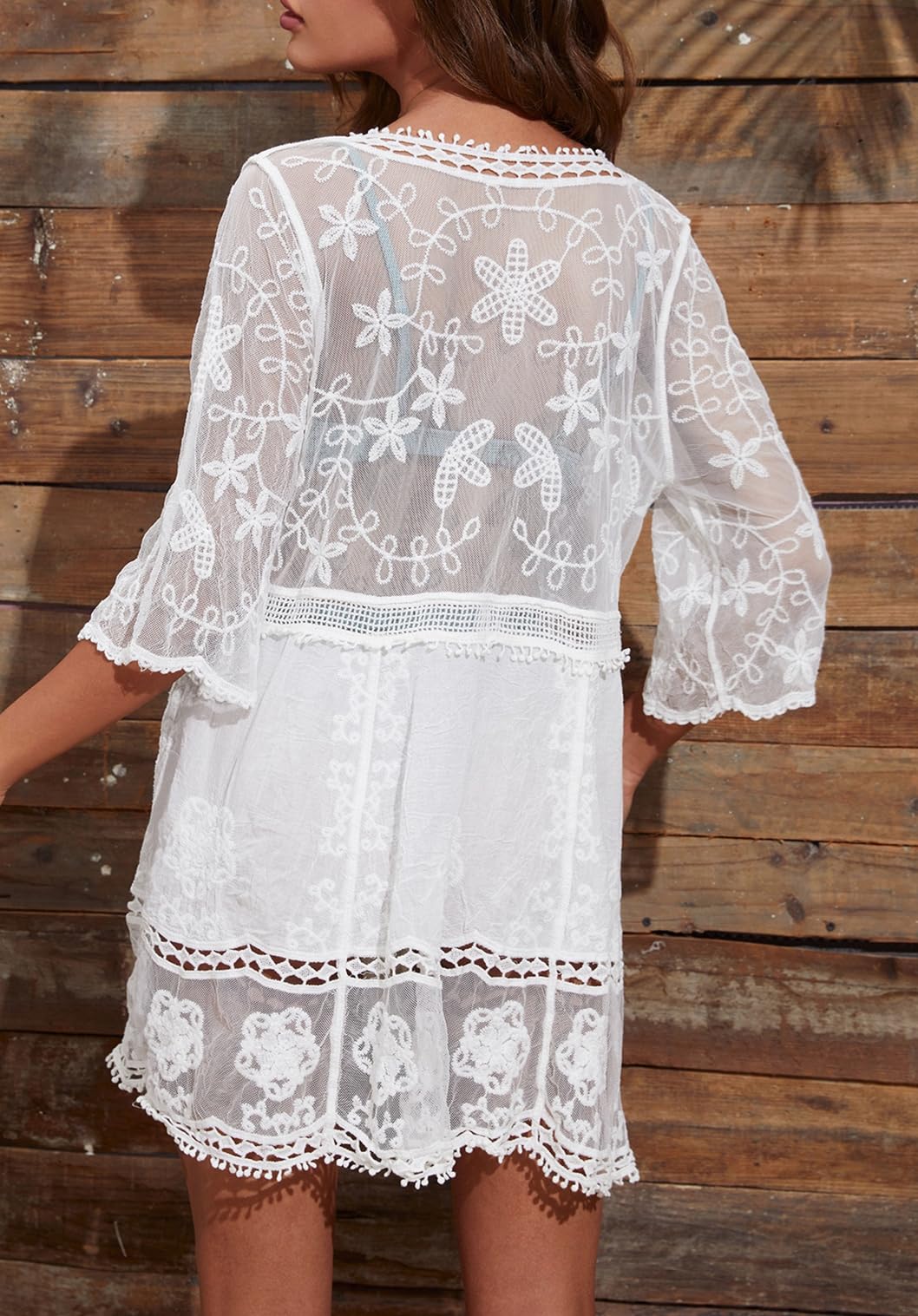 Women's Contrast Lace Bathing Suit Cover Up V-Neck Swimsuit Coverups