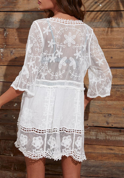 Women's Contrast Lace Bathing Suit Cover Up V-Neck Swimsuit Coverups