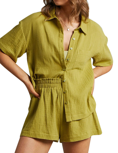 Women's 2 Piece Button Down Shirt and Shorts Set