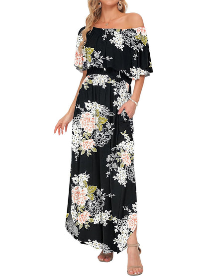 ⏰Hot Sale-Women's Off Shoulder Ruffle Short Sleeve Side Split Maxi Dresses with Pockets