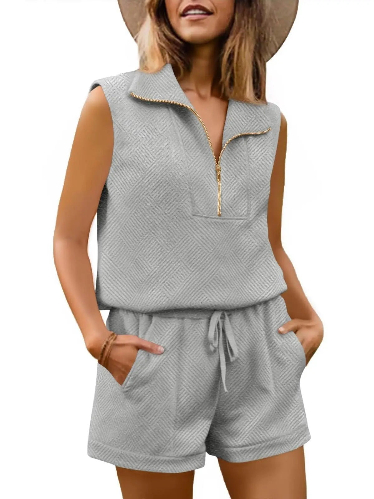 ⏰Hot Sale-Womens 2 Piece Outfits Short Sets Half Zip Sleeveless Tops and Drawstring Shorts