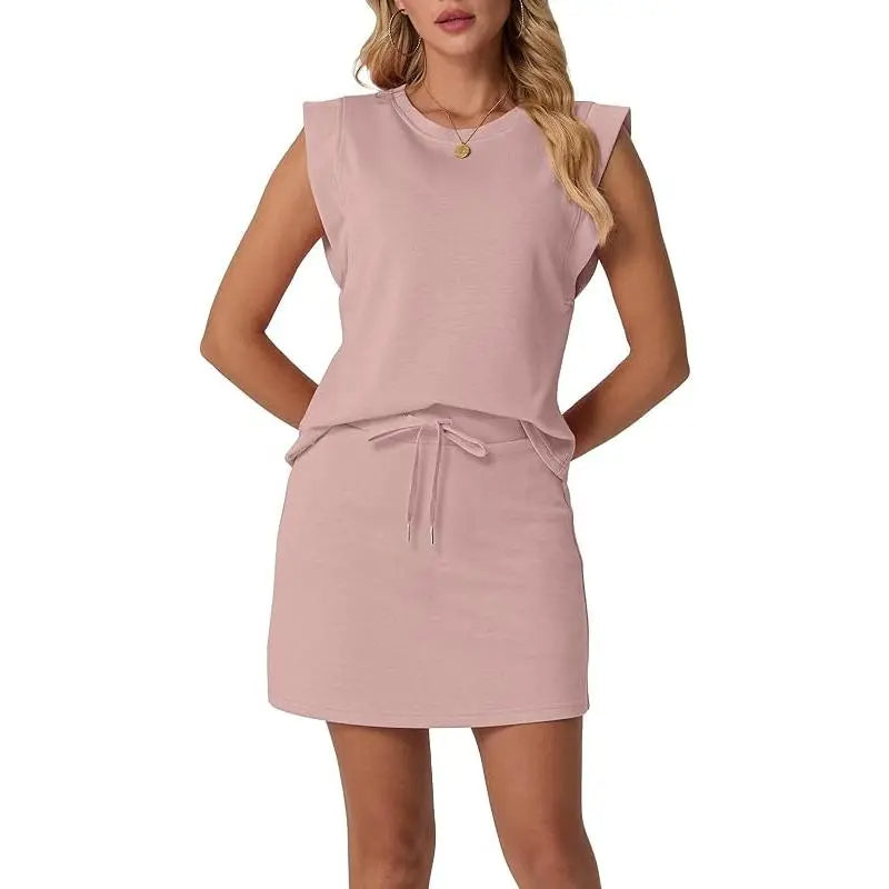Women's Summer 2 Piece Skort Set Cap Sleeve Round Neck Top