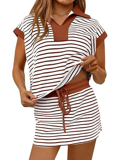Women's Striped V-neck 2 Piece Skirt Set
