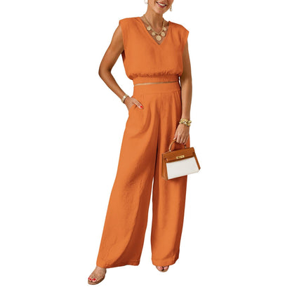 ⏰Hot Sale-Women's Summer 2-Piece Solid Color Tank Top & Wide Leg Pants Set