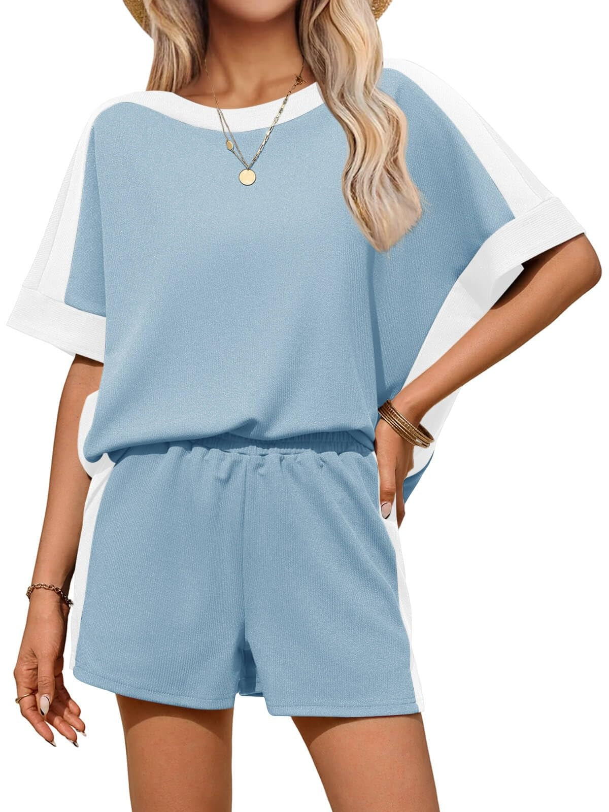 Womens 2 Piece Summer Outfits Oversized Short Sleeve Tops and Shorts Matching Sets