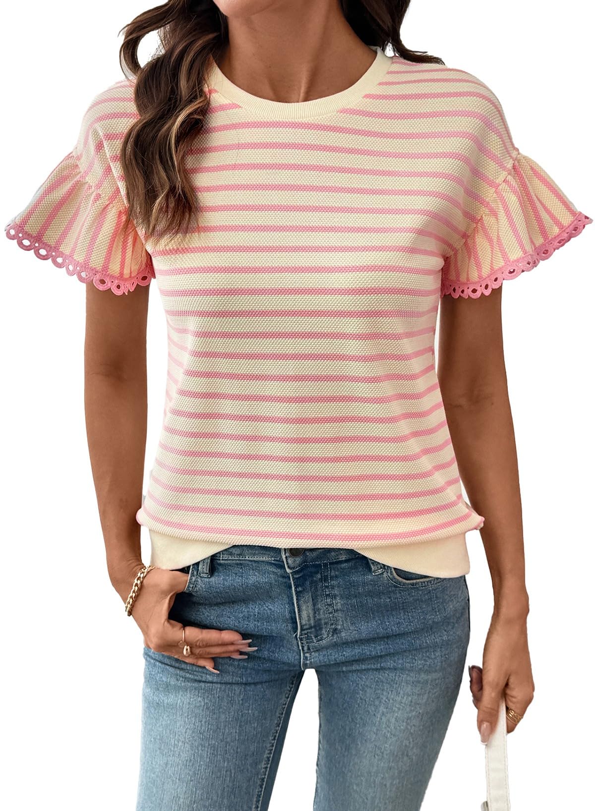 Limited time sale🔥Women's Knit Striped Color Block Ruffled Short Sleeve Top