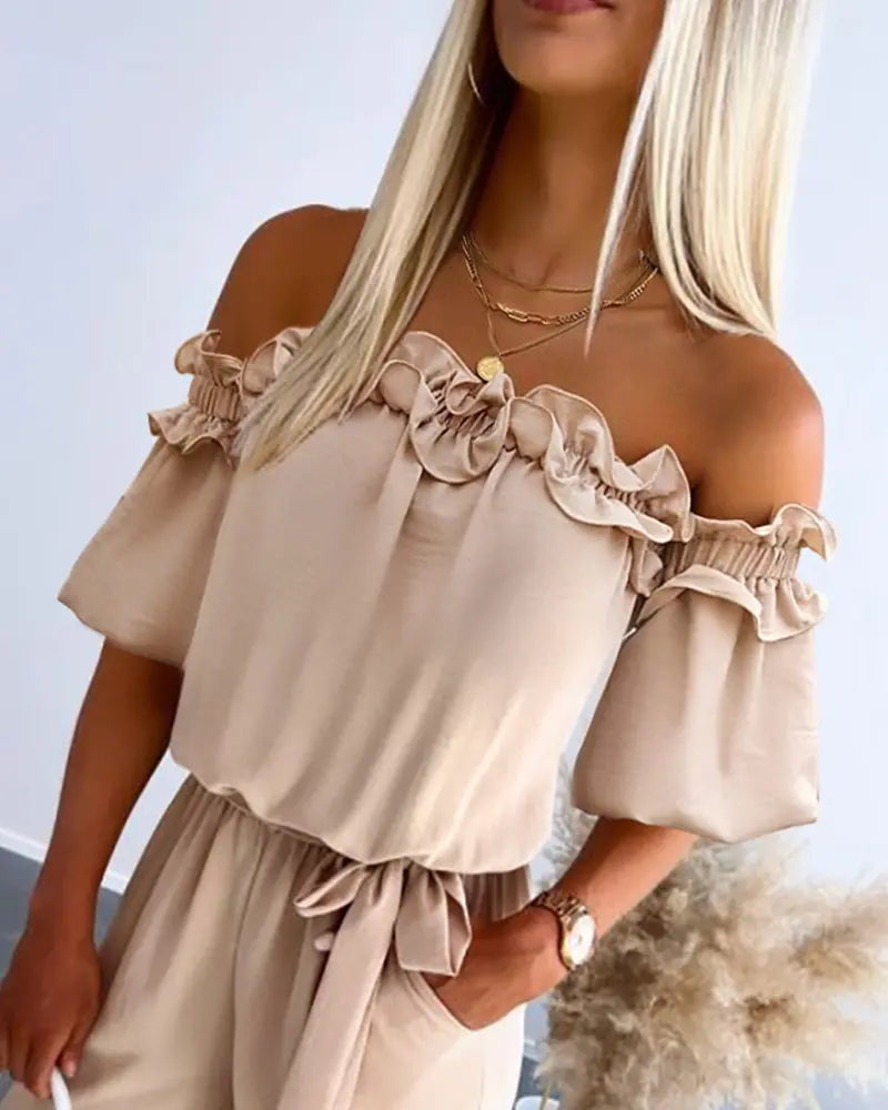 Womens Off Shoulder Frill Hem Tied Detail Jumpsuit