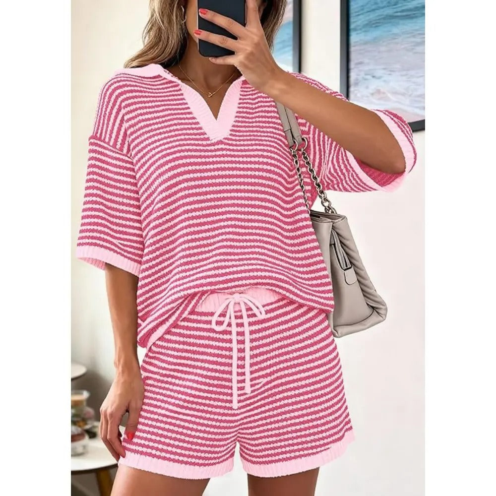Women’s Striped 2 Piece Lounge Set Short Sleeve V Neck Top Drawstring Shorts Beach Summer Outfits