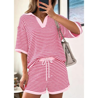 Women’s Striped 2 Piece Lounge Set Short Sleeve V Neck Top Drawstring Shorts Beach Summer Outfits