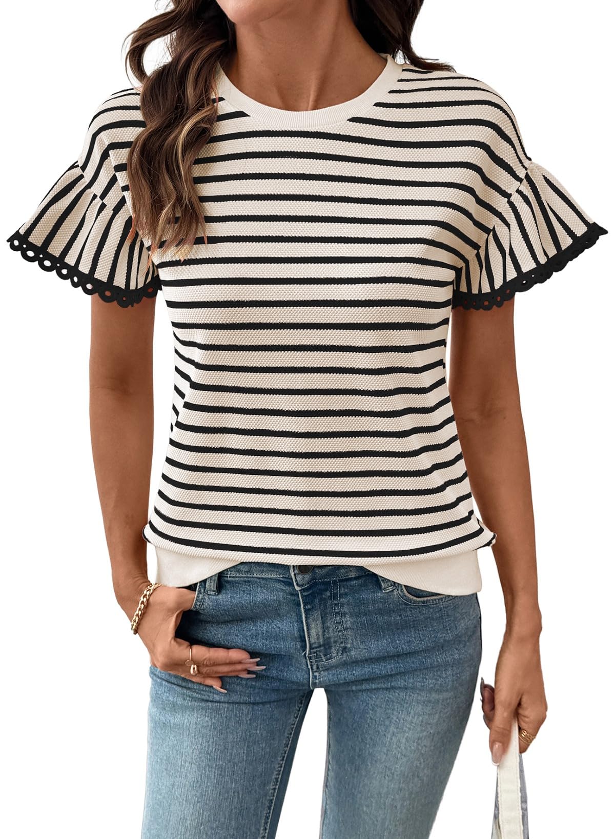 Limited time sale🔥Women's Knit Striped Color Block Ruffled Short Sleeve Top