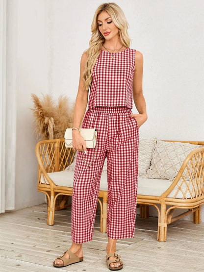Women's Gingham Sleeveless Tank Top & Barrel Pants Set