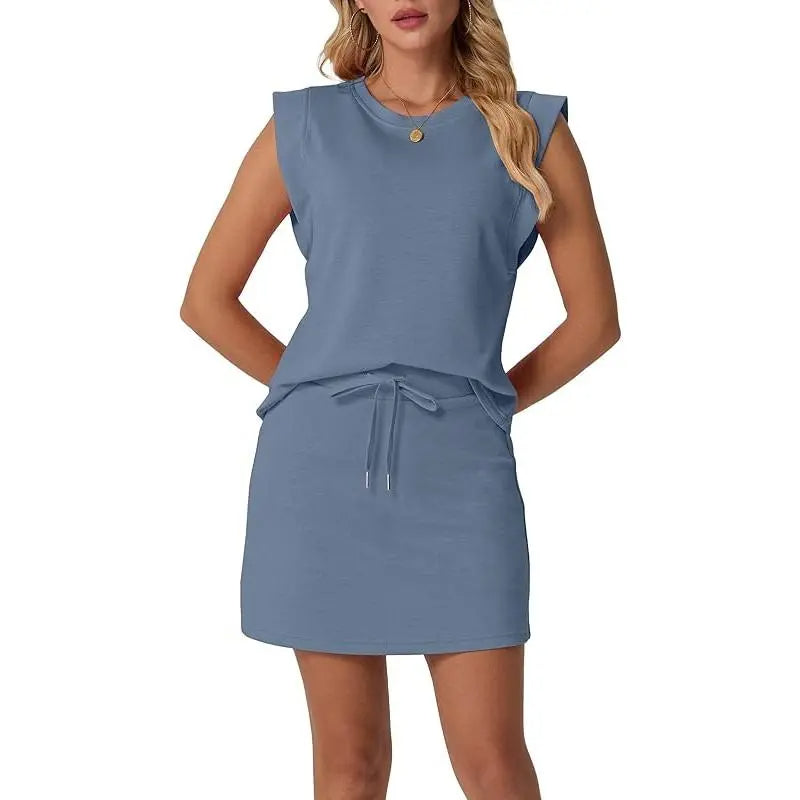 Limited time sale🔥Women's Summer 2 Piece Skort Set Cap Sleeve Round Neck Top
