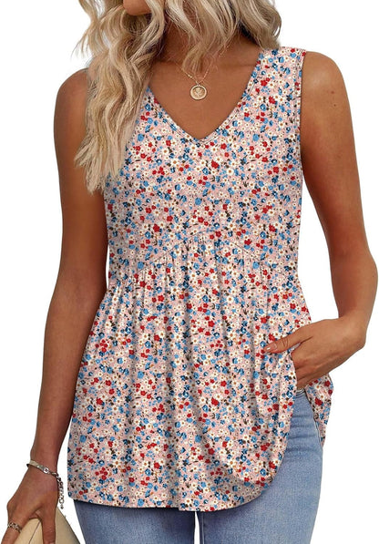 ⏰Hot Sale-Women's Print Flowy Sleeveless V Neck Peplum Tank Tops