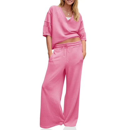 Womens 2 Piece Outfits Casual V Neck Shirts Wide Leg
