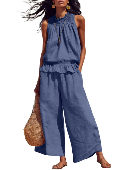 ⏰Hot Sale-Women's 2 Piece Outfits Sleeveless Ruffle Top Wide Leg Pants Summer Loungewear