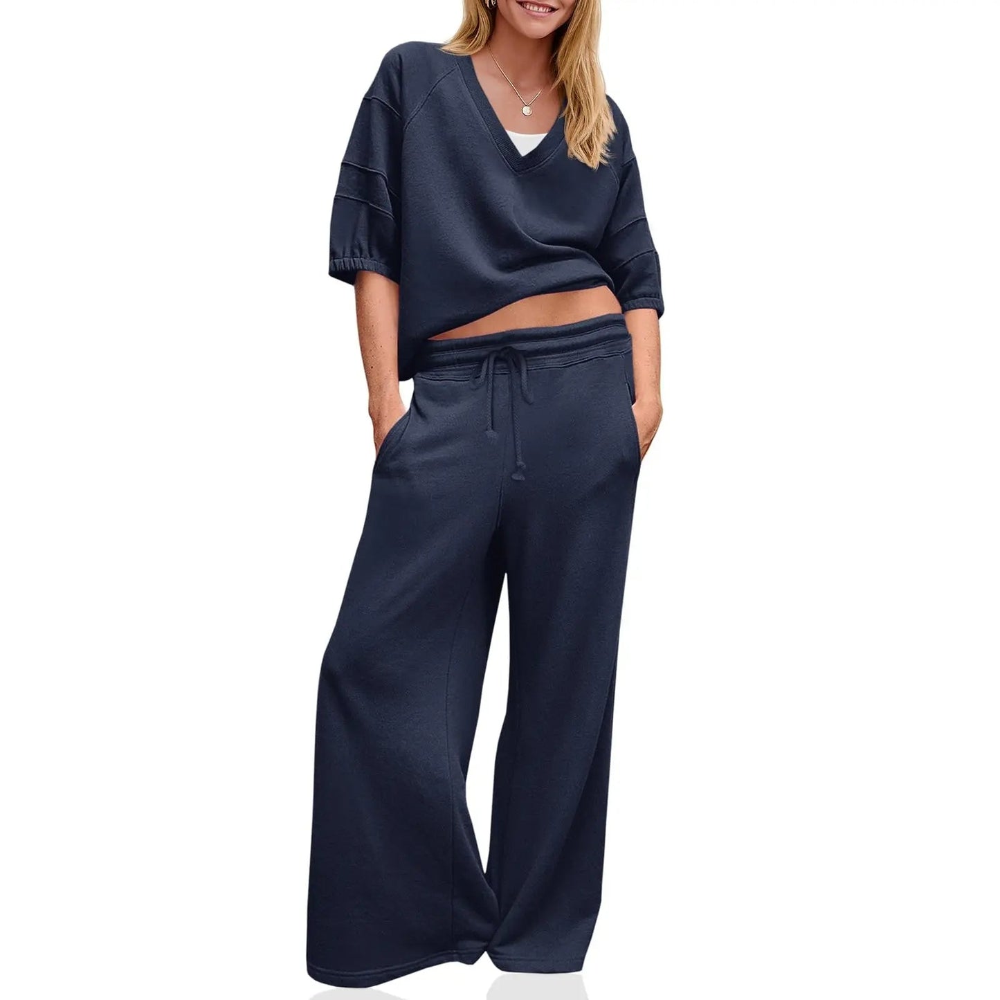 Womens 2 Piece Outfits Casual V Neck Shirts Wide Leg