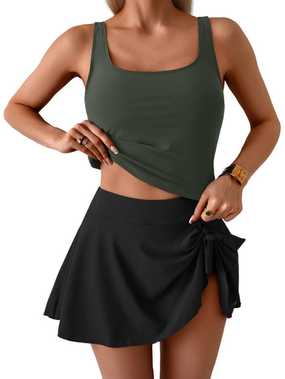 Women's Tummy Control Two Piece Swimsuit High Waisted Tank Top with Swim Skirt