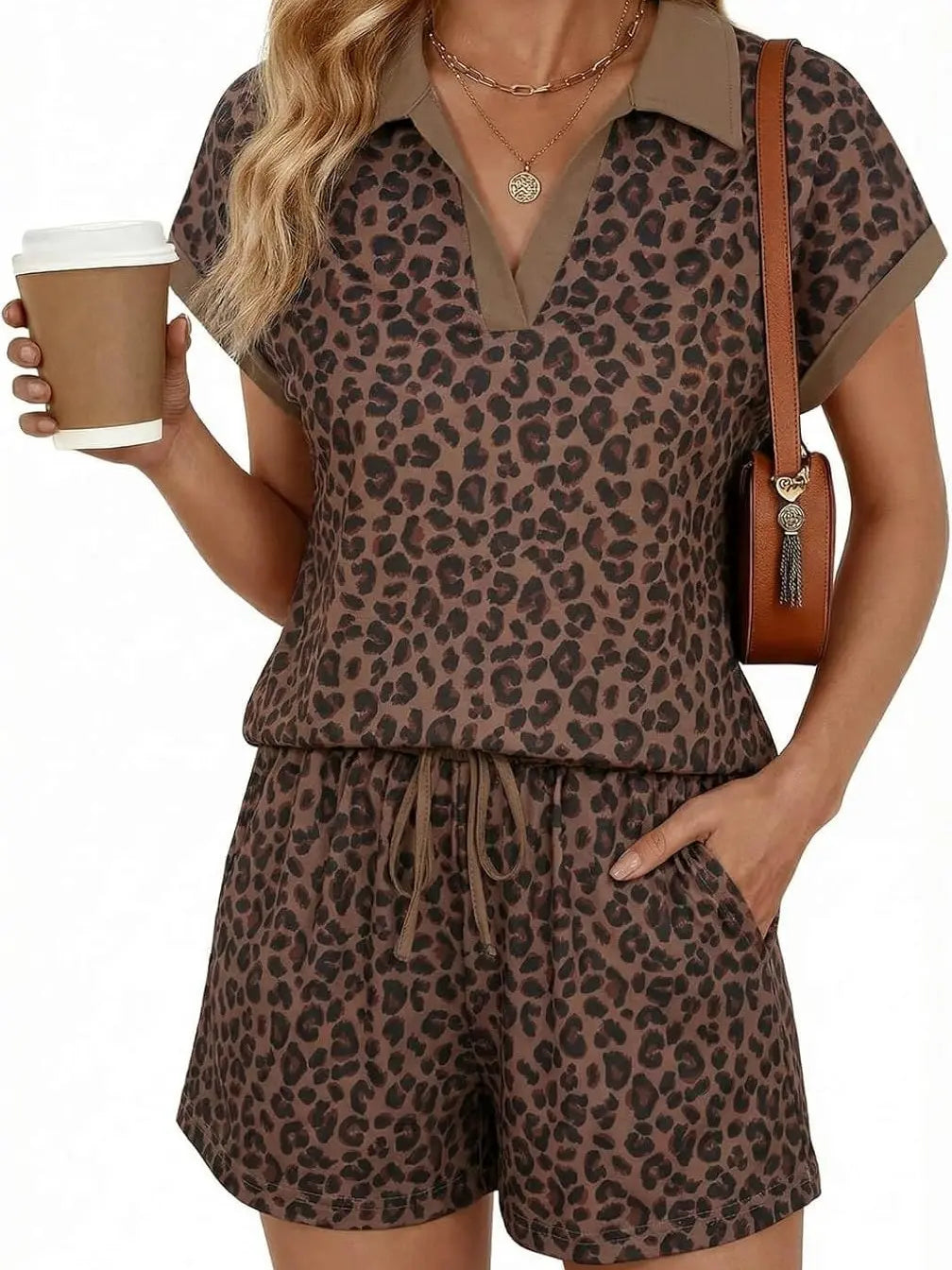 ⏰Hot Sale-Women Cap Sleeve V Neck Lapel Tops and Drawstring Shorts 2 Piece Sets