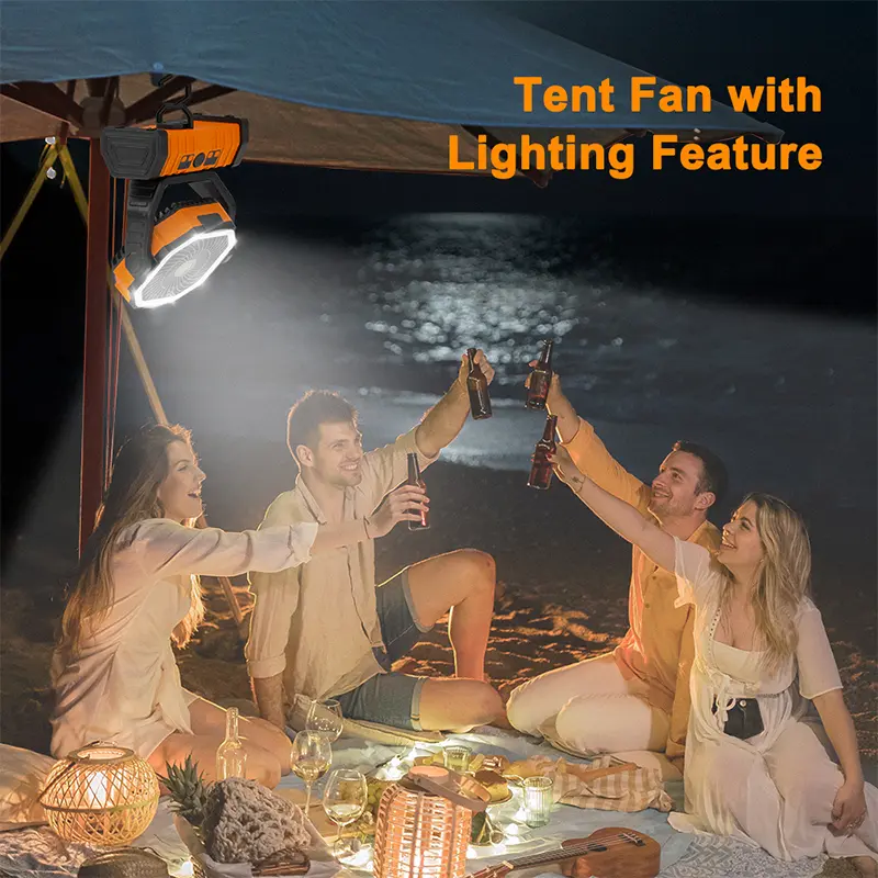 Rechargeable Camping Fan with LED Light & 360° Hanging Hook