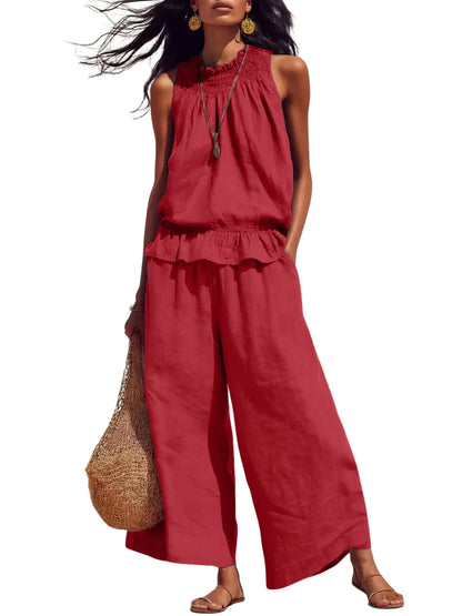⏰Hot Sale-Women's 2 Piece Outfits Sleeveless Ruffle Top Wide Leg Pants Summer Loungewear