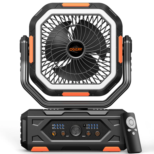 30000mAh Rechargeable Camping Fan with LED Light, Remote Control & Oscillation
