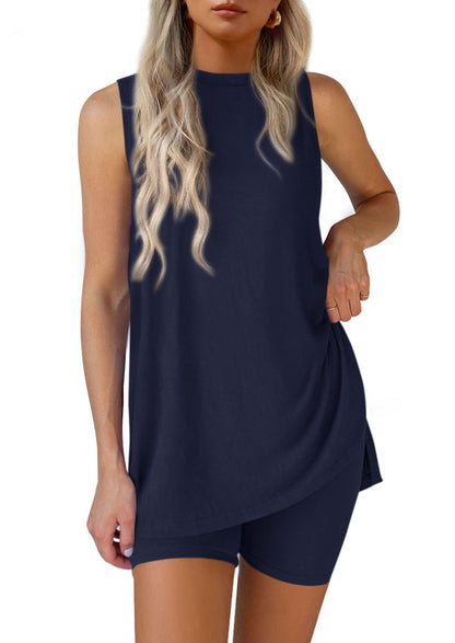 Women Summer Matching 2 Piece Outfit Split Hem Top & Shorts Set