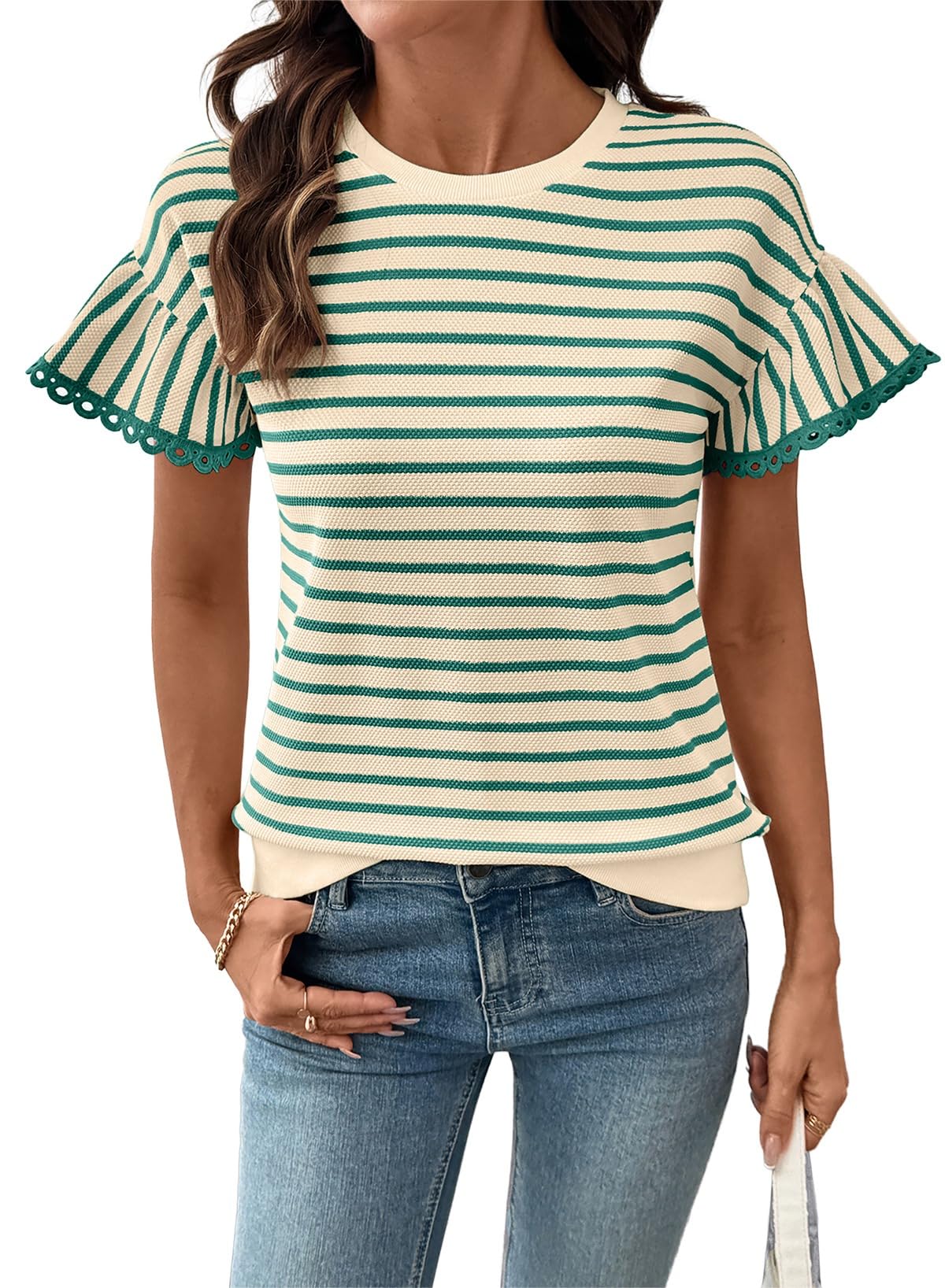 Limited time sale🔥Women's Knit Striped Color Block Ruffled Short Sleeve Top