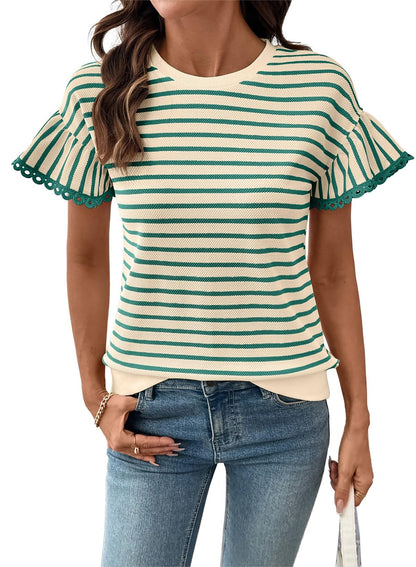 Limited time sale🔥Women's Knit Striped Color Block Ruffled Short Sleeve Top