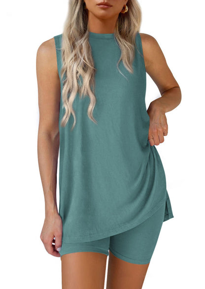 Women Summer Matching 2 Piece Outfit Split Hem Top & Shorts Set