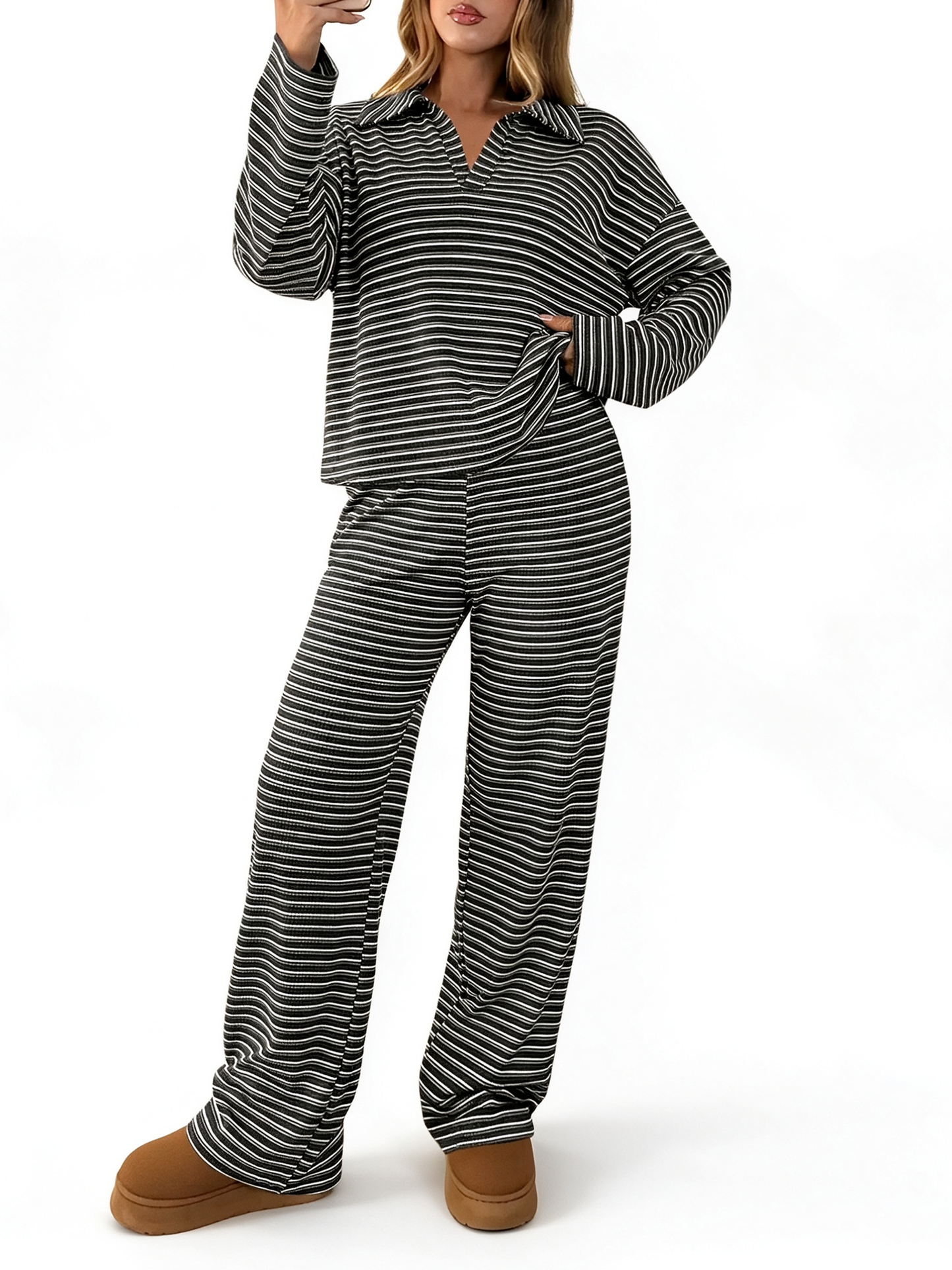 Women Striped V‑Neck Two‑Piece Casual Set