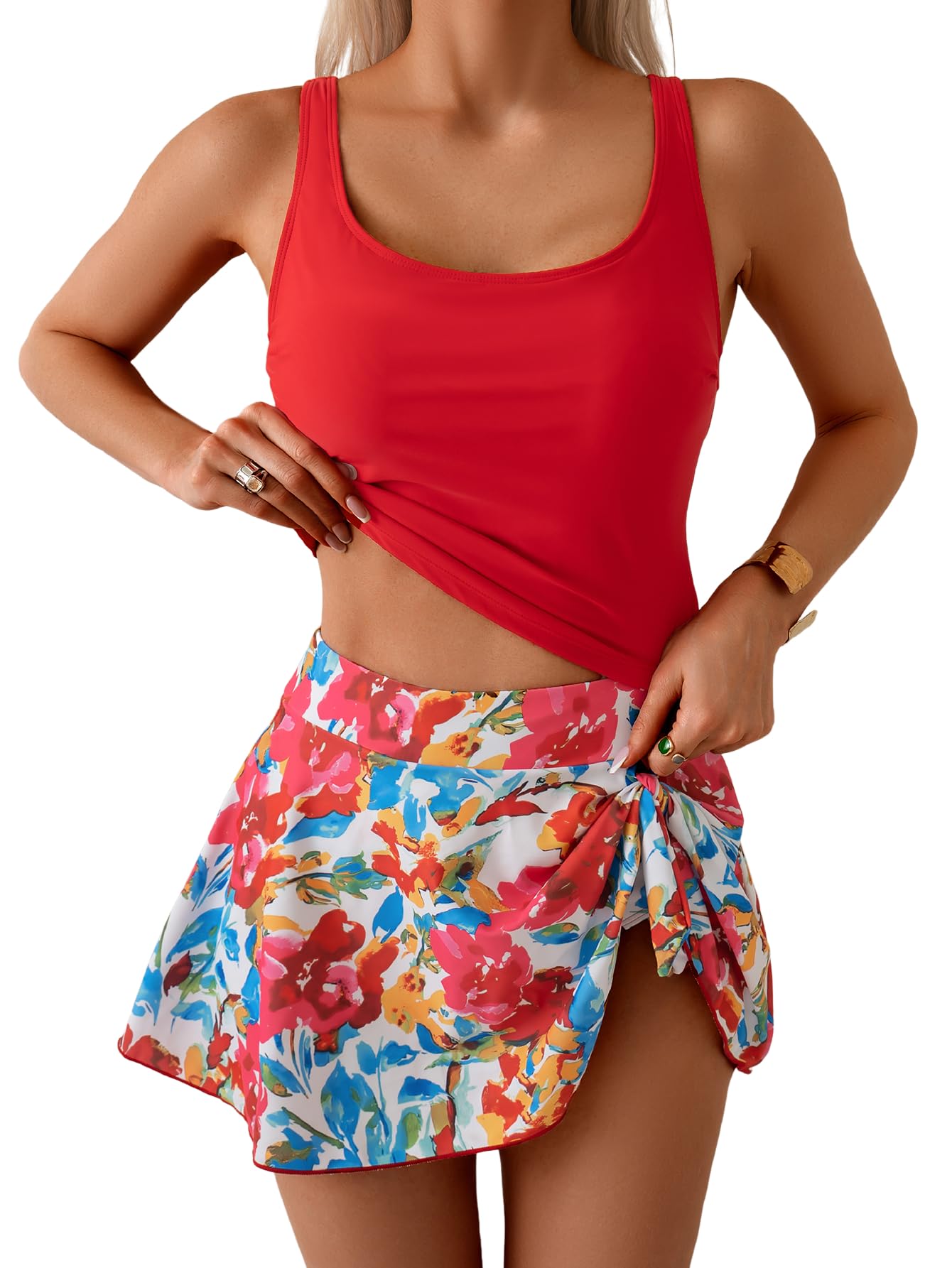 Women's Tummy Control Two Piece Swimsuit High Waisted Tank Top with Swim Skirt