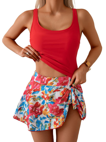 Women's Tummy Control Two Piece Swimsuit High Waisted Tank Top with Swim Skirt