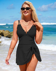 Womens Tummy Control Scalloped Modest Tie Knot One Piece Swimsuit