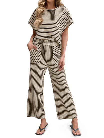⏰Hot Sale-Womens Striped 2 Piece Sets Short Sleeve T Shirts Wide Leg Pants with Pockets