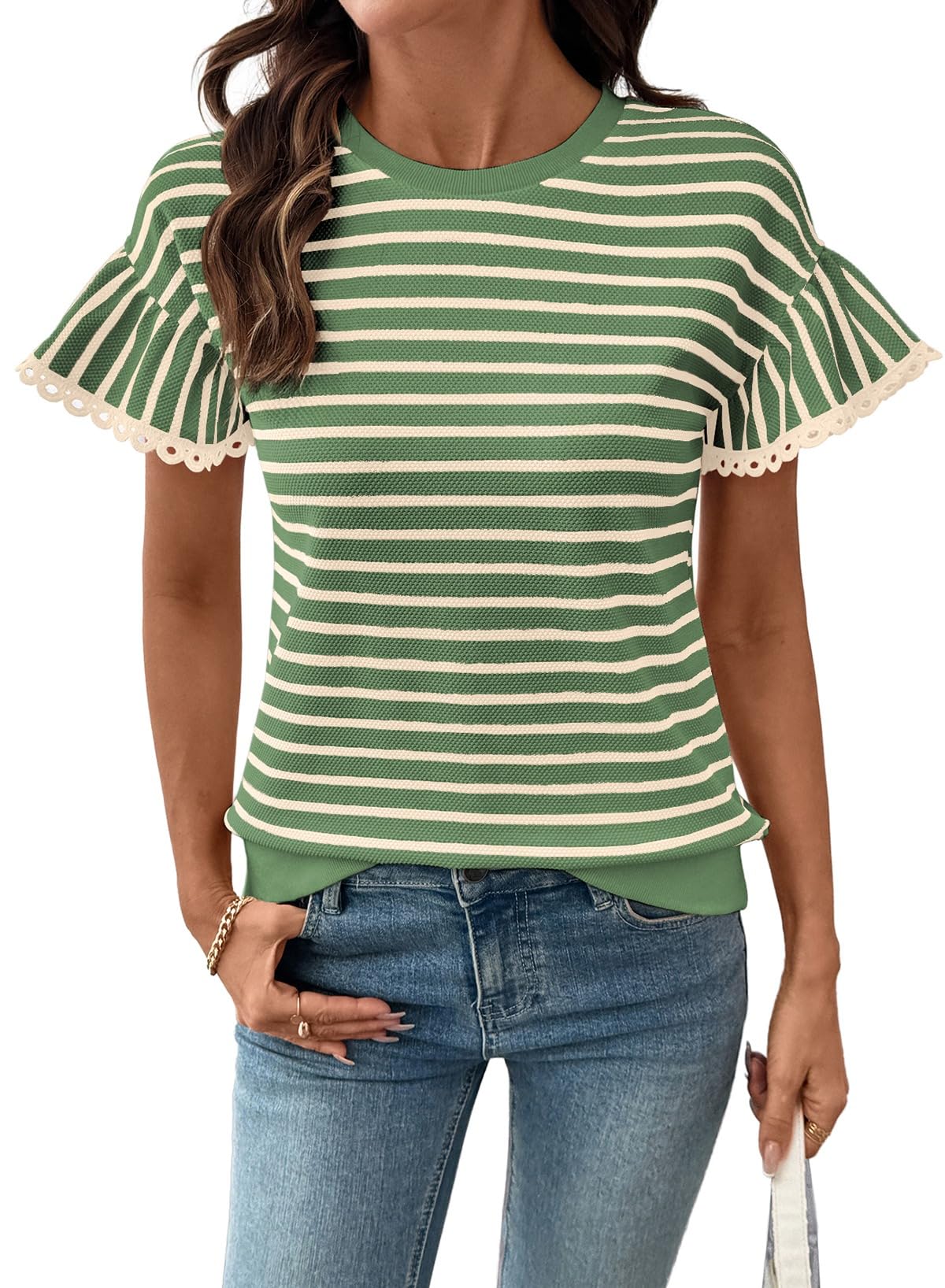 Limited time sale🔥Women's Knit Striped Color Block Ruffled Short Sleeve Top